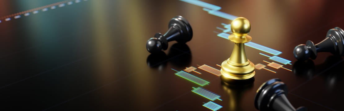 Golden chess pawn standing upright among fallen black pawns on a digital stock chart background.